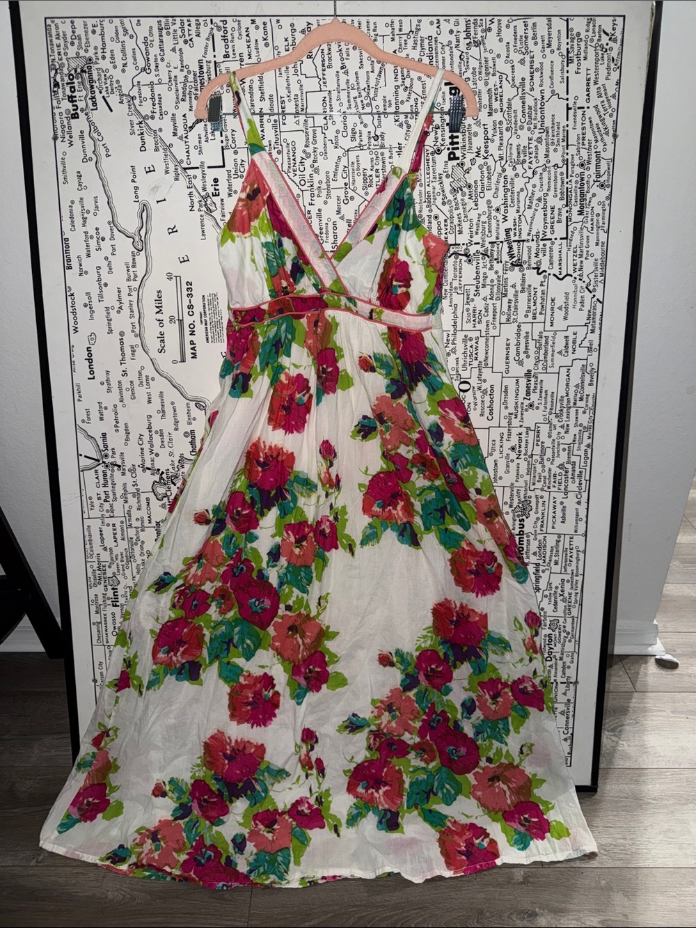White Floral Maxi Dress with Pink & Green Blooms